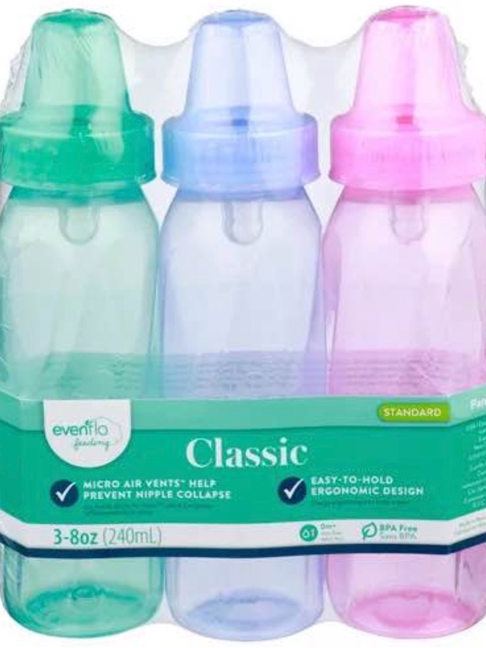 Evenflo Classic Baby Bottles - 3 Pack (Green, Blue, Pink)
